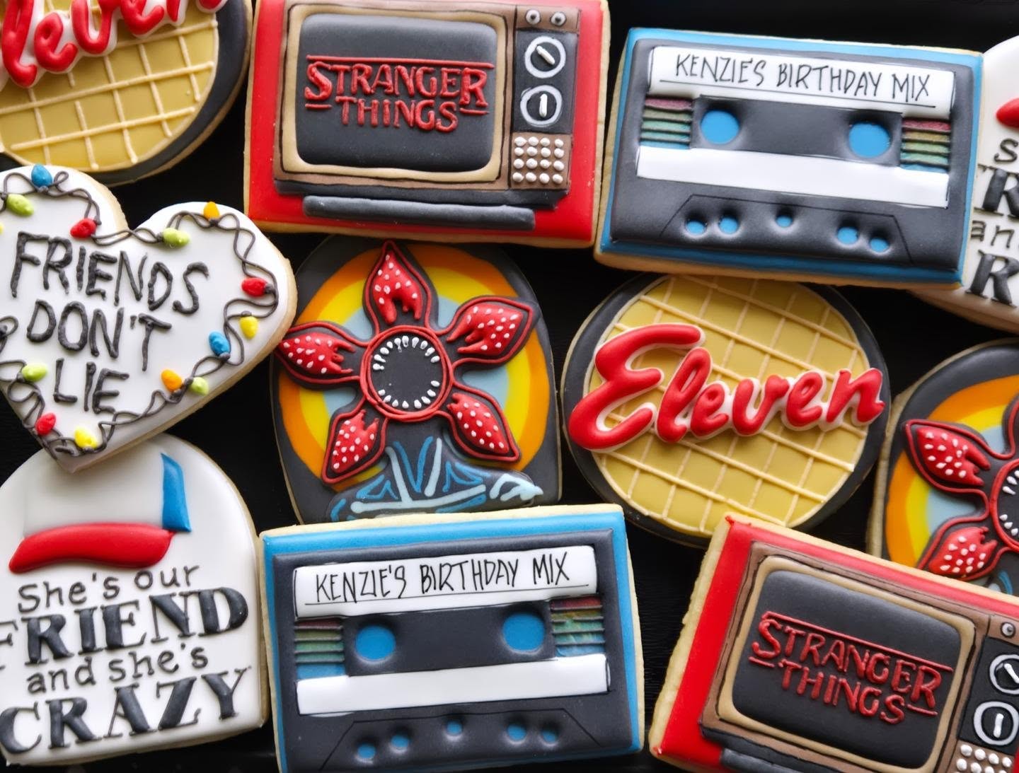 Stranger Things birthday custom sugar cookies with Eleven, Demogorgon, cassette mixtape and retro TV — Kelowna