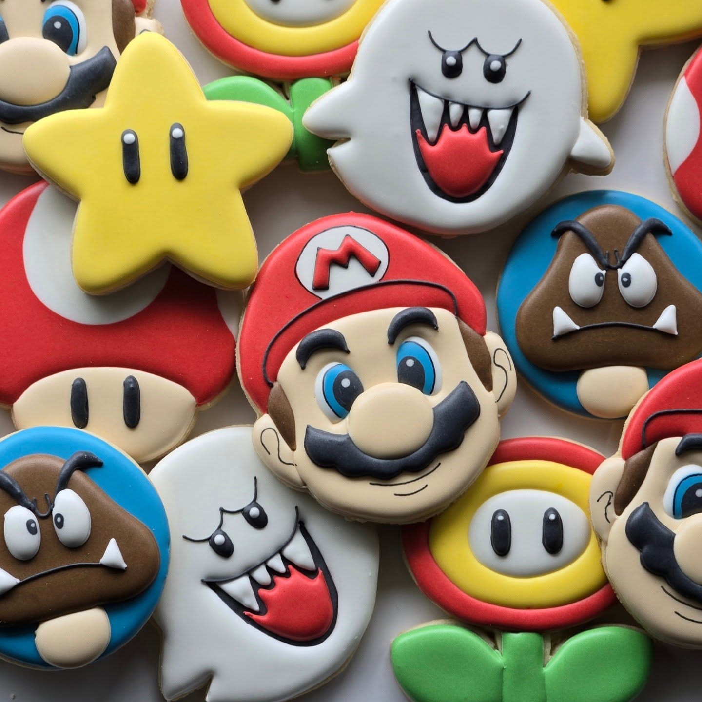 Super Mario themed custom sugar cookies with Mario, Boo, Goomba, star and power-up flower — Kelowna