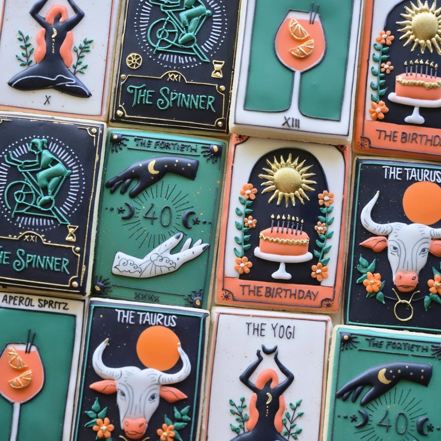 Tarot card inspired 40th birthday custom sugar cookies featuring The Spinner, The Taurus, The Yogi and Aperol Spritz — Kelowna